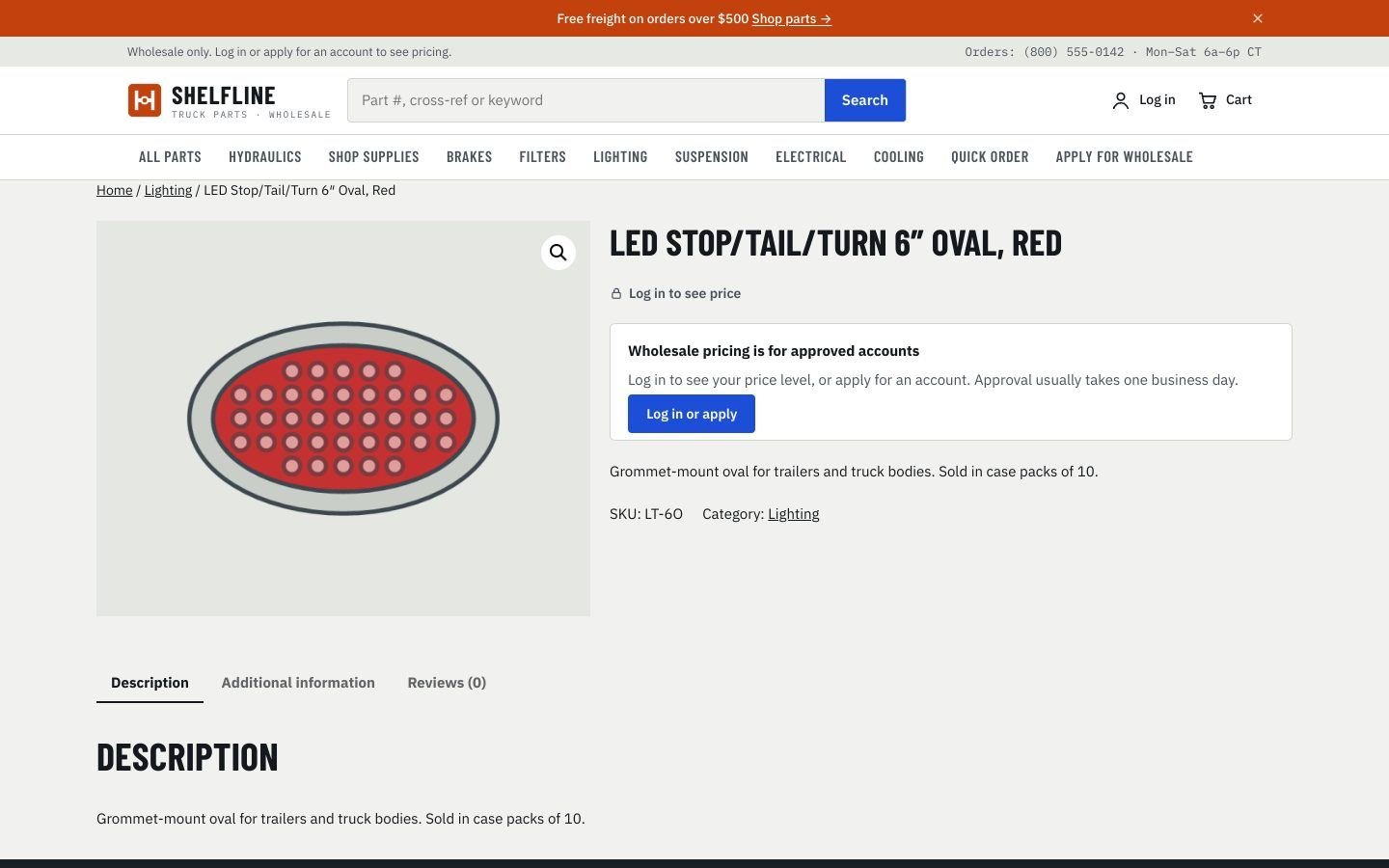 Product page for a visitor: no price, no stock, a Log in or apply button