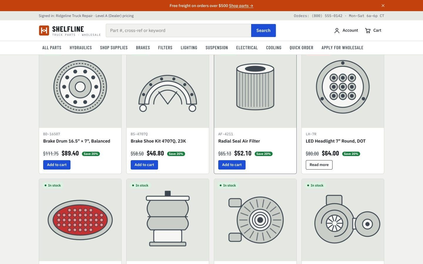 A logged-in customer sees their own prices on the store home page