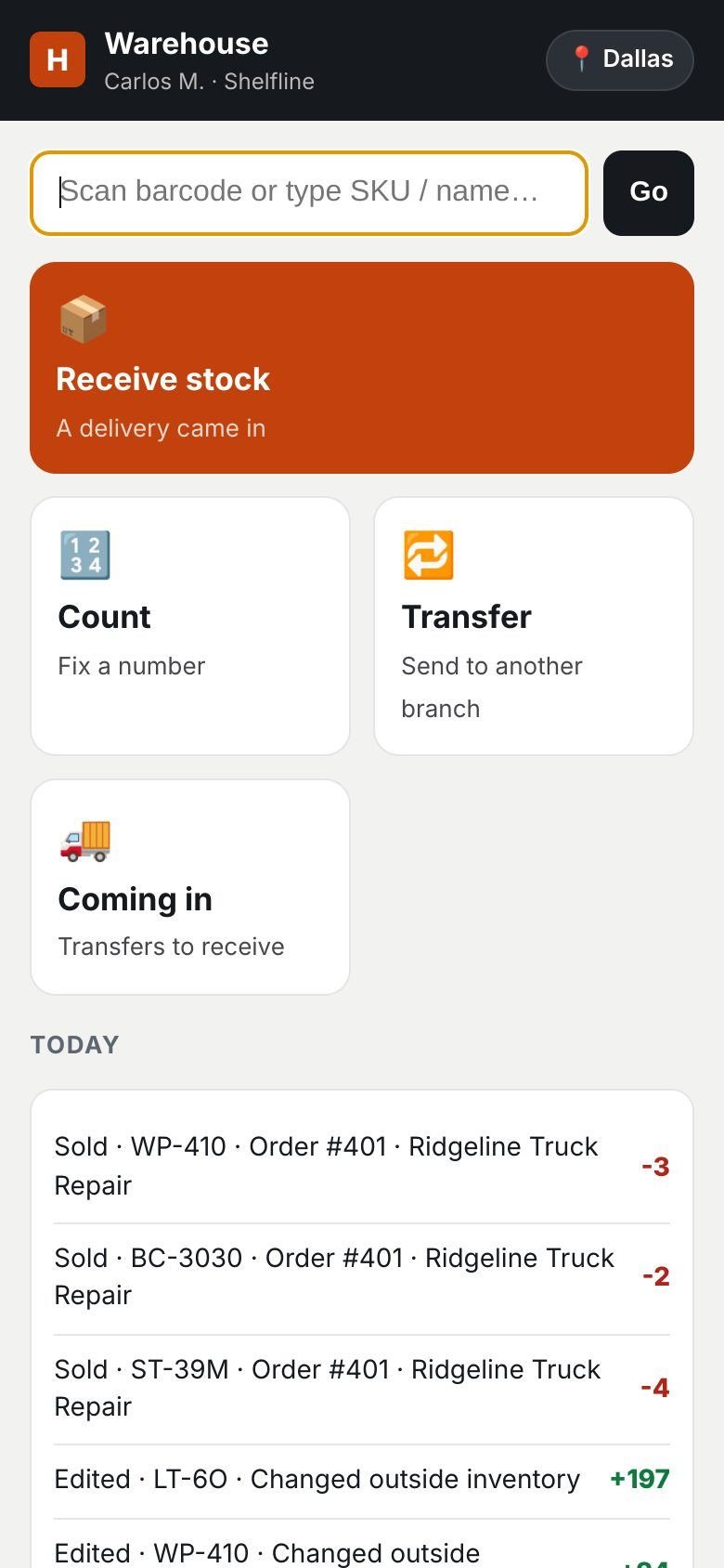 Warehouse phone page with receive, count and today’s orders